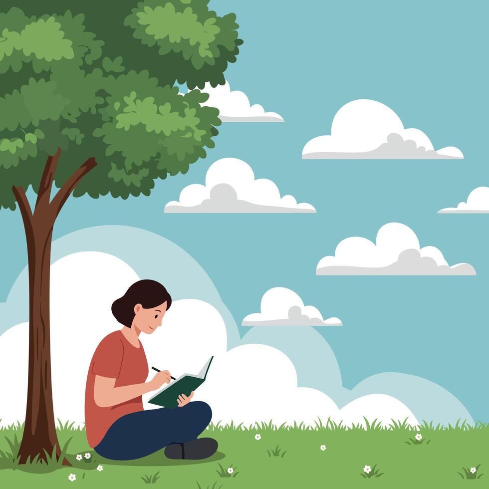 Young woman sitting under tree writing in notebook outdoors with green grass and blue sky flat design art vector