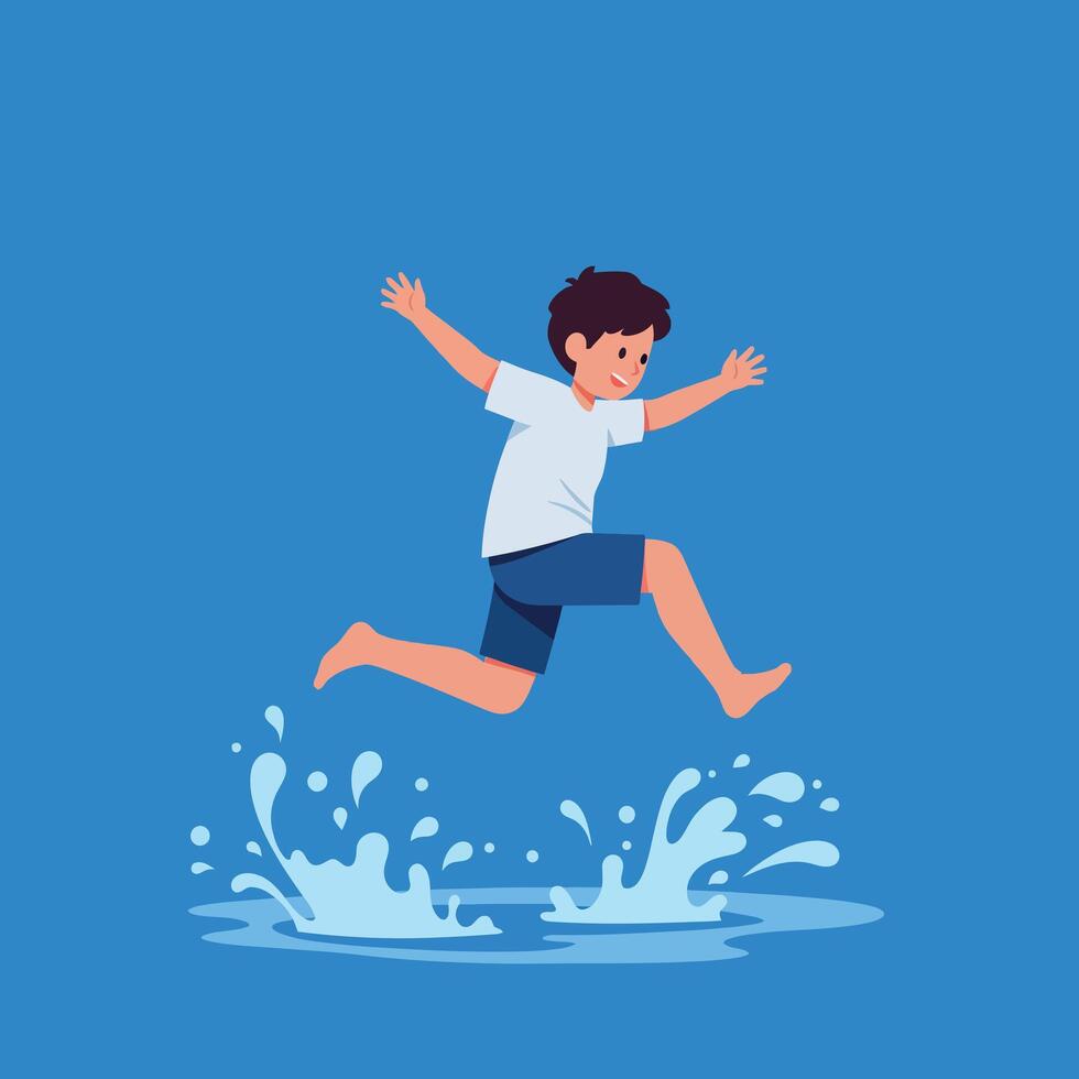Young boy jumping barefoot in water splash flat minimal style playful outdoor activity illustration vector