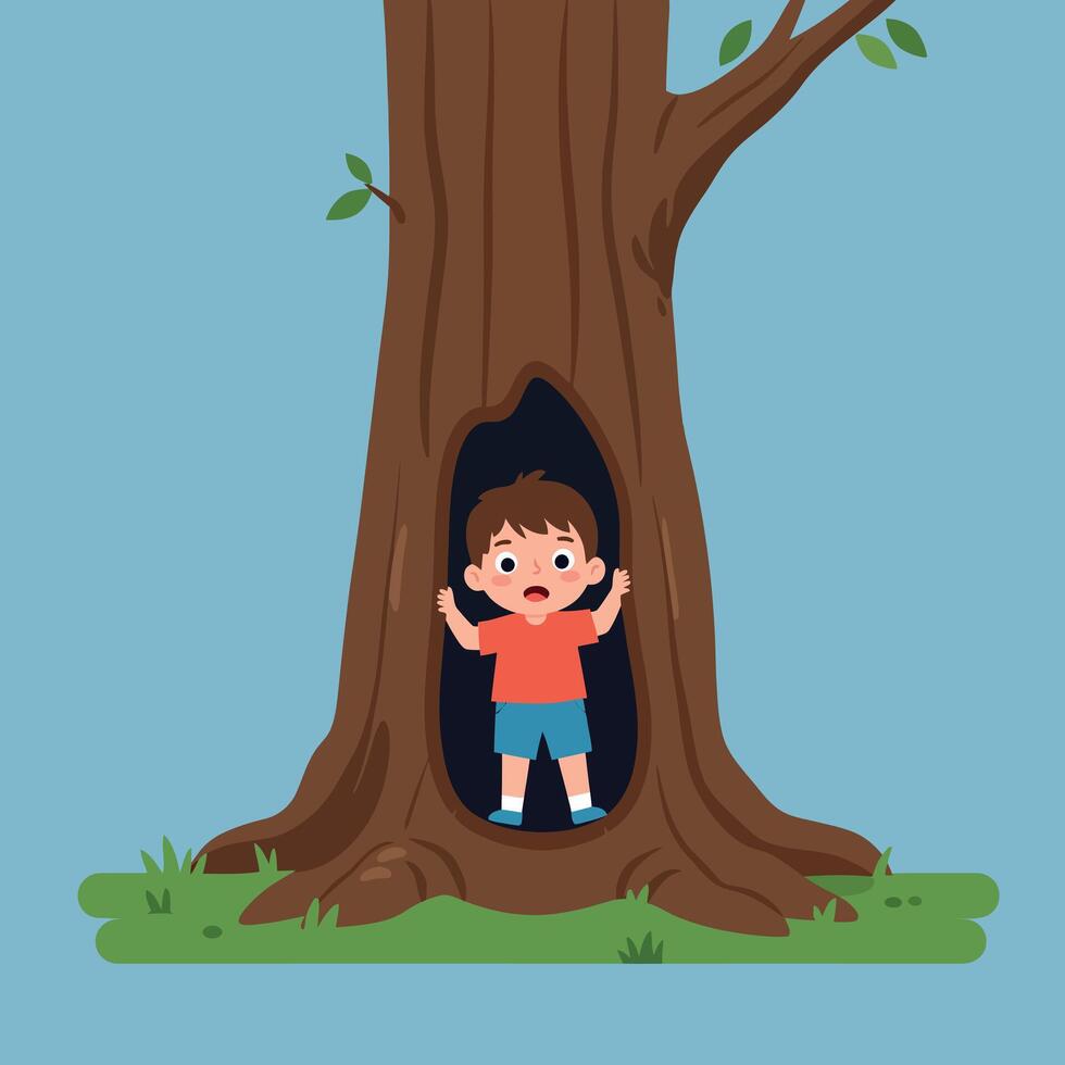 Young boy standing inside hollow tree trunk looking surprised wearing red shirt and blue shorts minimal flat illustration vector