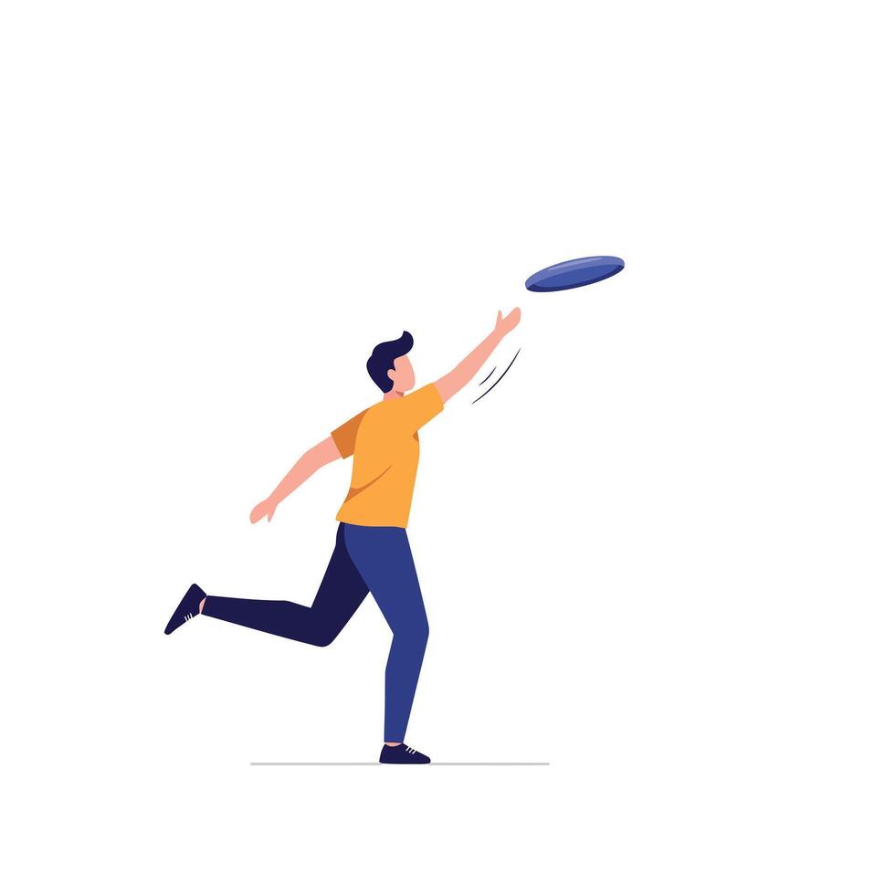 Young man in casual clothes throwing blue frisbee with active posture minimal flat style illustration vector