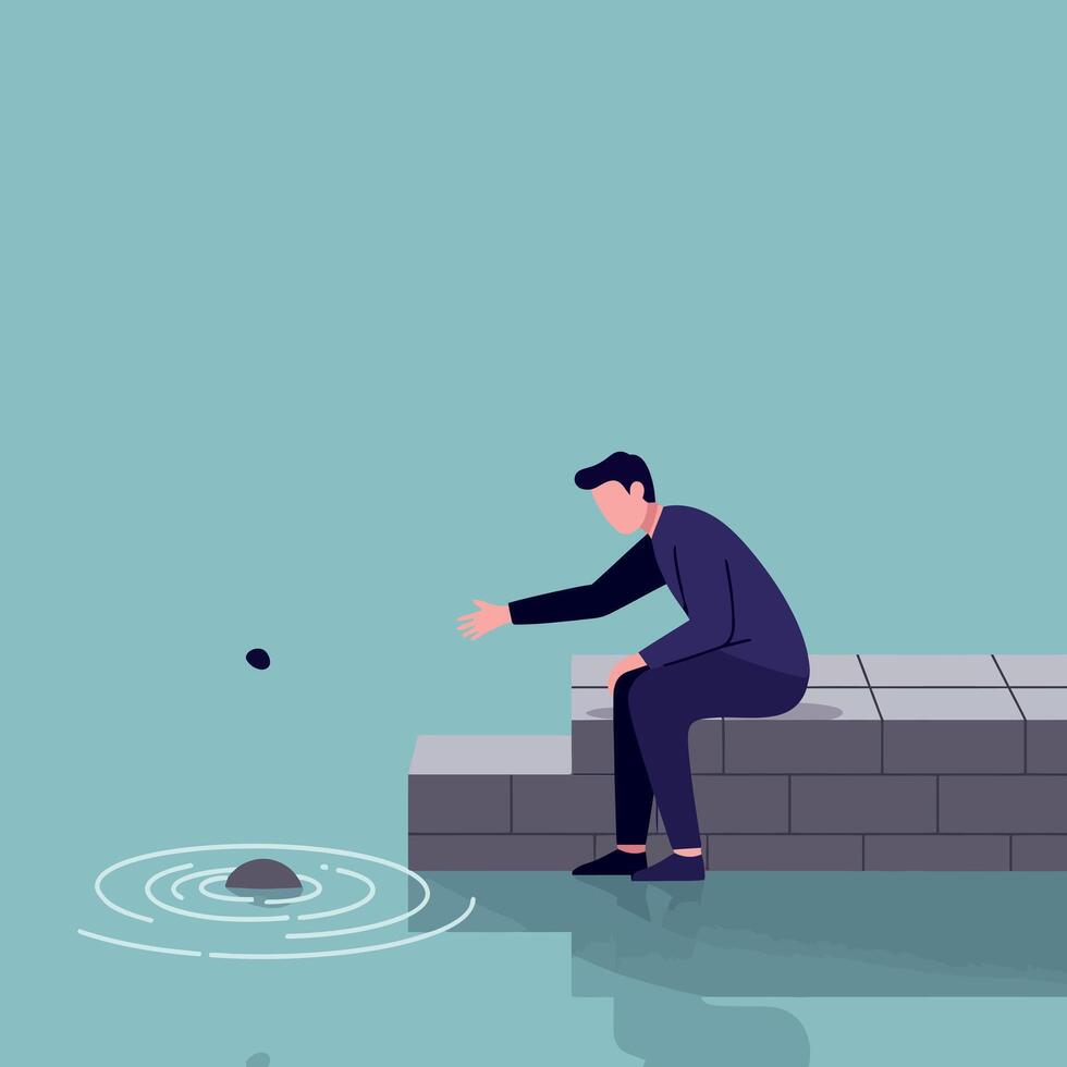 Man sitting on concrete steps tossing a stone into calm water in minimal flat style illustration vector