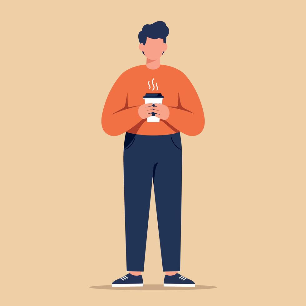 Young man holding steaming hot coffee cup in casual outfit standing alone minimal flat illustration vector
