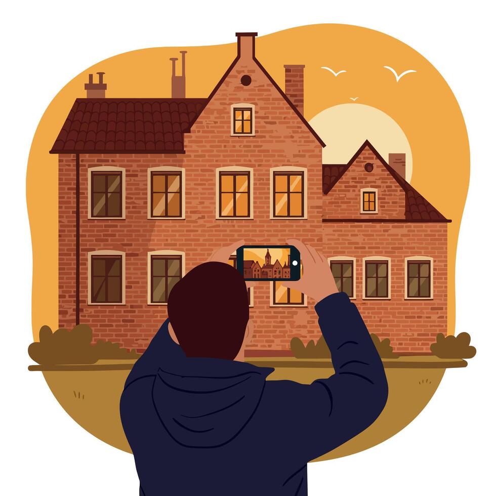 Man photographing historic brick building at sunset with warm orange sky in detailed flat illustration vector