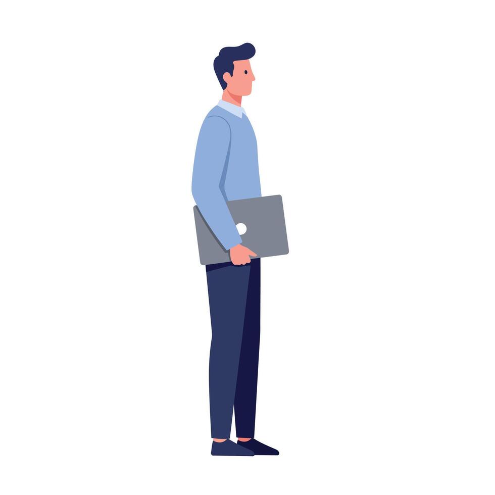 Young man standing with closed laptop in hand wearing casual clothes flat minimal illustration vector