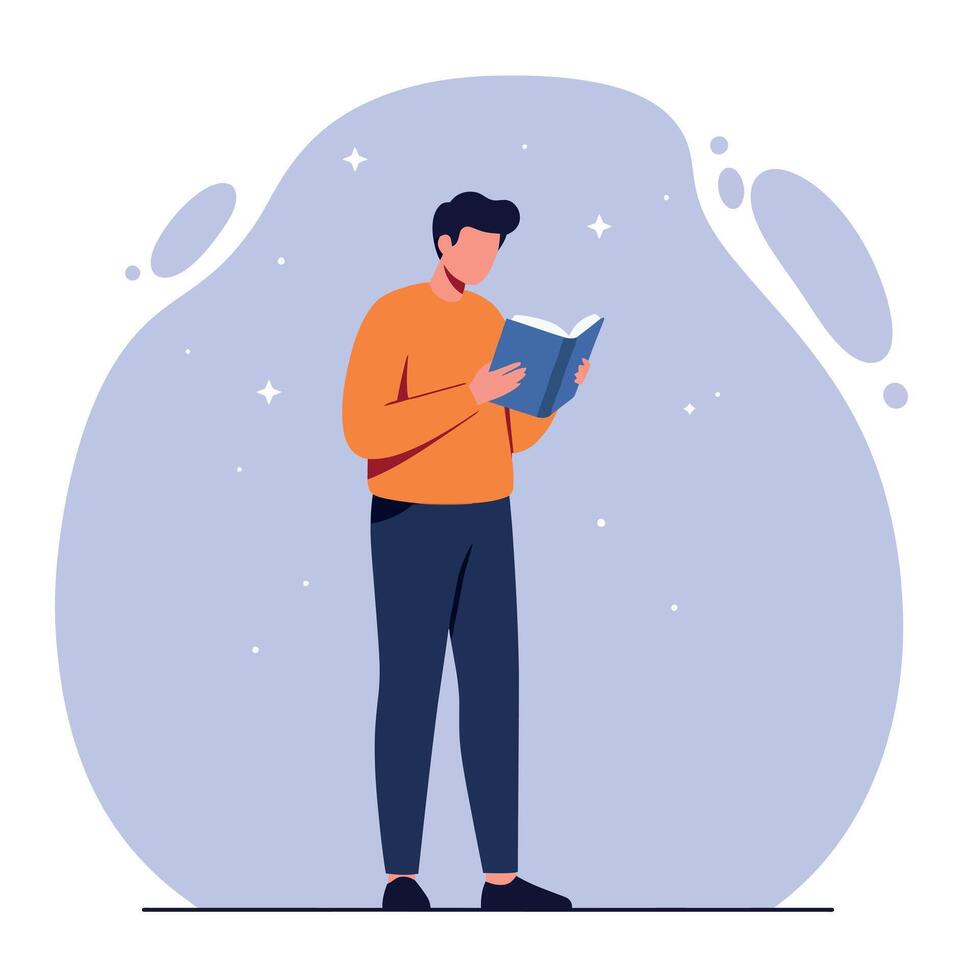 Young man reading book in casual clothes standing with blue abstract background flat design illustration vector