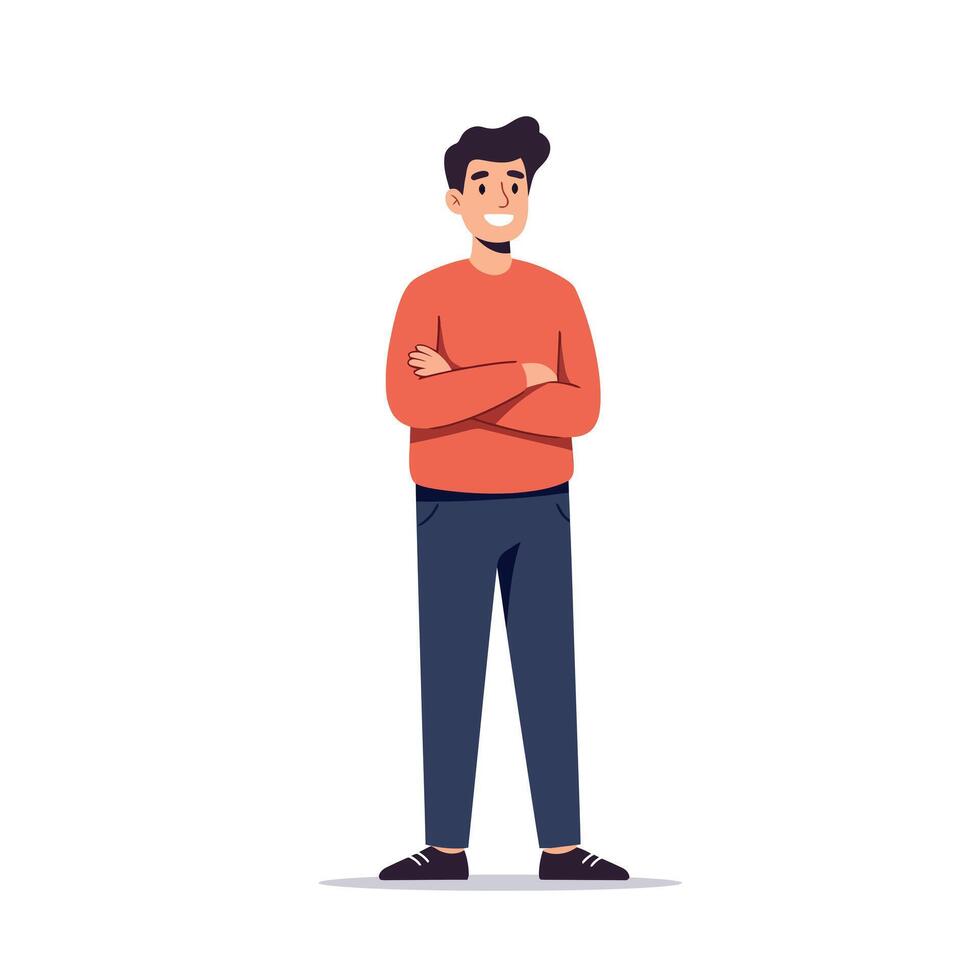 Smiling young man with crossed arms wearing casual red sweater and dark pants standing confidently flat style illustration vector