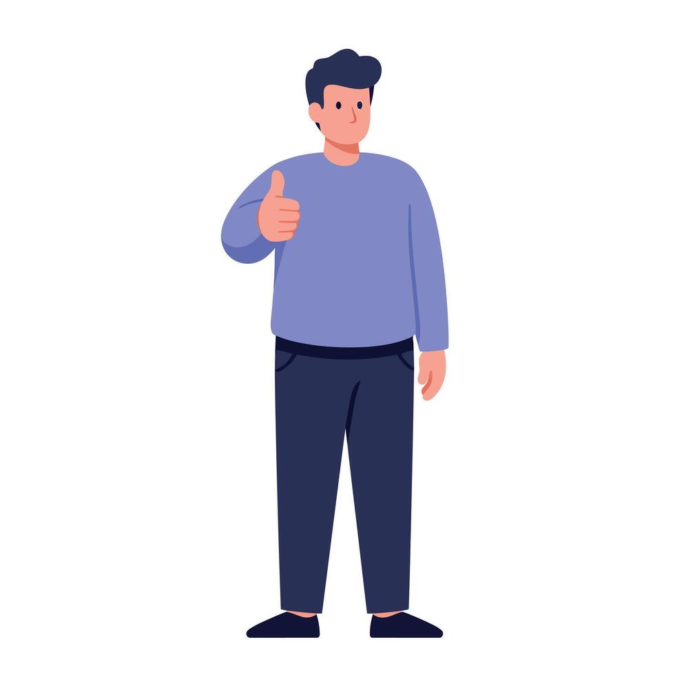 Young man giving thumbs up gesture in casual clothes flat design standing confident art vector