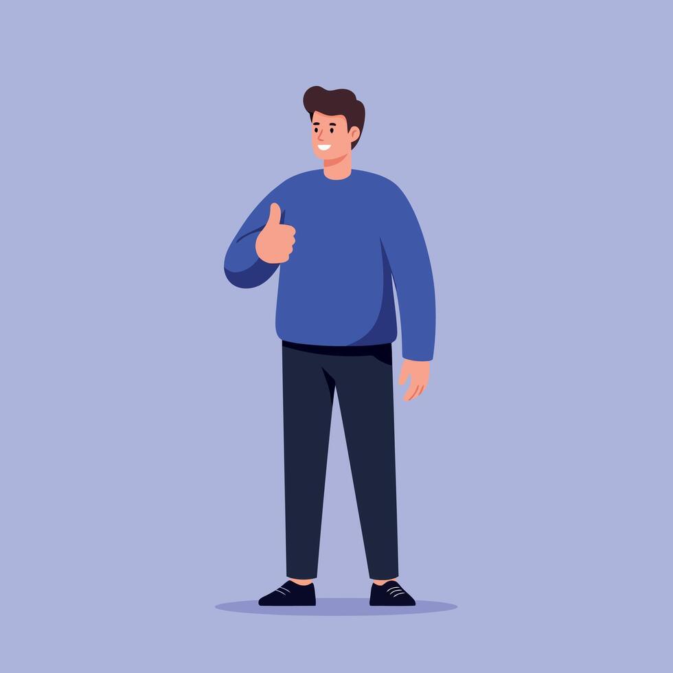 Young man in casual clothing giving thumbs up gesture with a cheerful expression flat style illustration vector