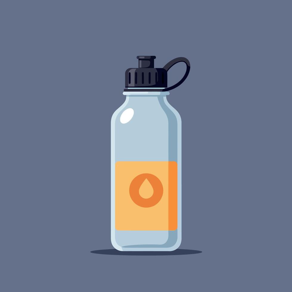 Transparent water bottle with orange label and black cap in flat design minimal style illustration vector