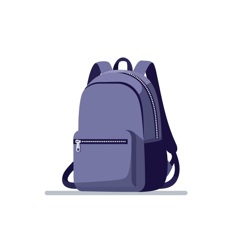Purple casual backpack with zipper pocket and straps in flat minimal style illustration vector