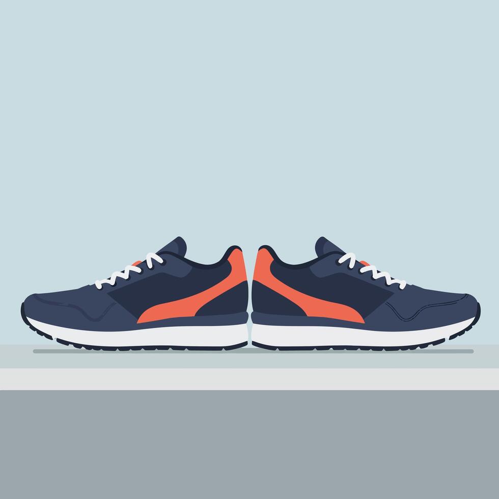 Pair of modern navy and orange running shoes in flat style side view illustration vector