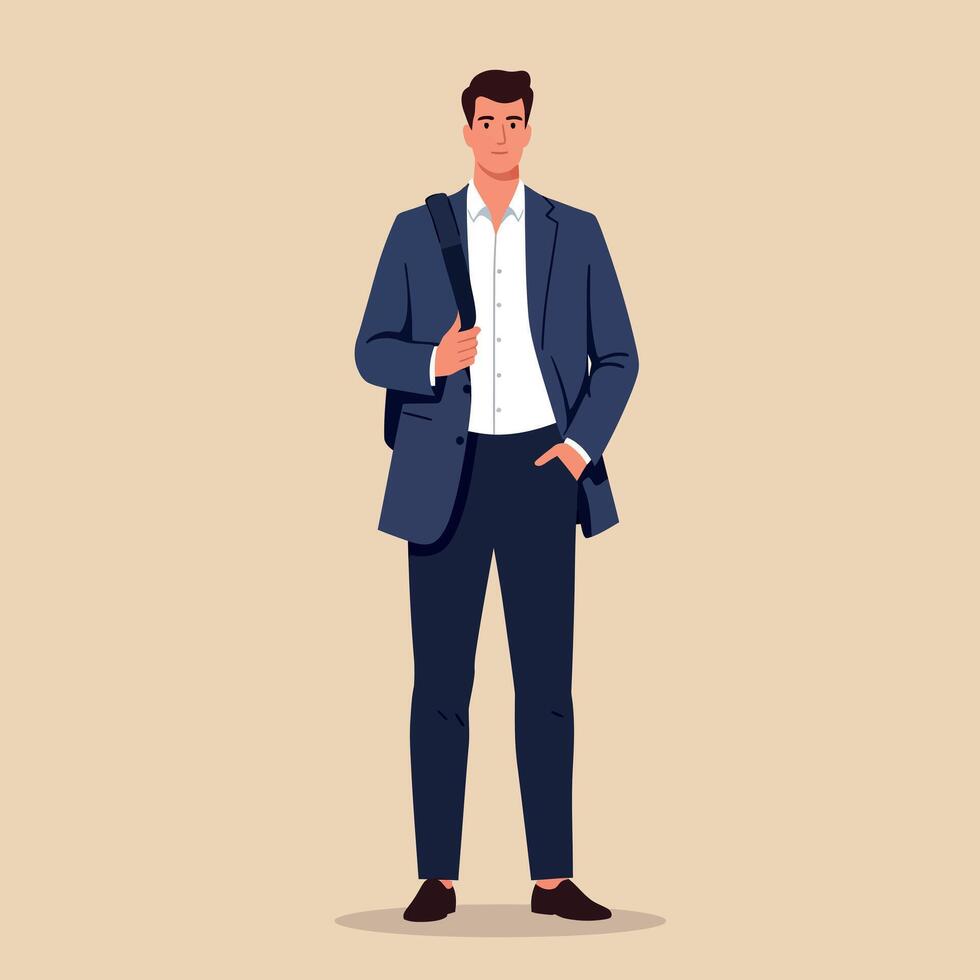 Young professional man in blue business suit standing confidently with bag over shoulder minimal flat illustration vector