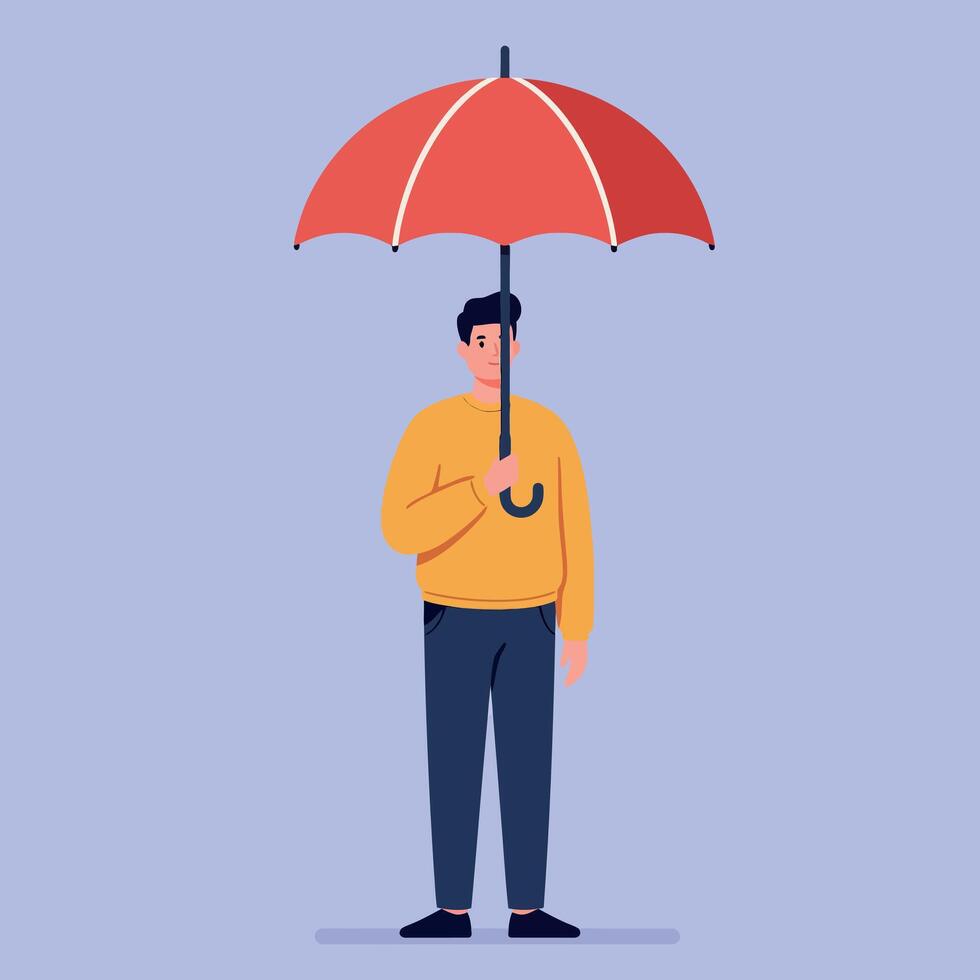 Young man standing under red umbrella wearing yellow sweater and blue pants in flat modern art illustration vector