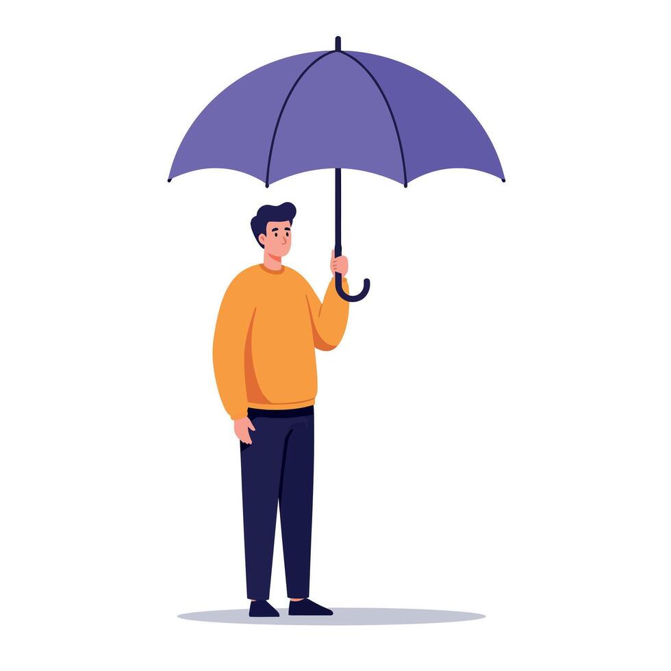 Young man standing holding open purple umbrella wearing orange sweater and dark pants in flat design illustration vector