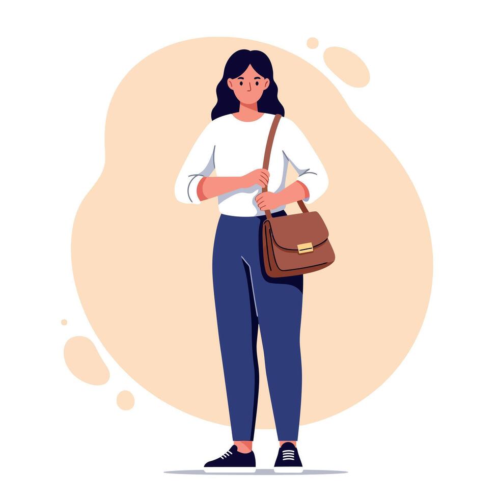 Young woman standing with long dark hair wearing white top and blue pants holding brown shoulder bag flat minimal illustration vector