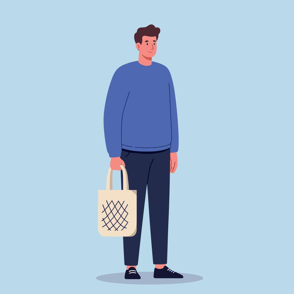 Young man standing casually holding reusable shopping bag in blue sweater and black pants flat minimal illustration vector