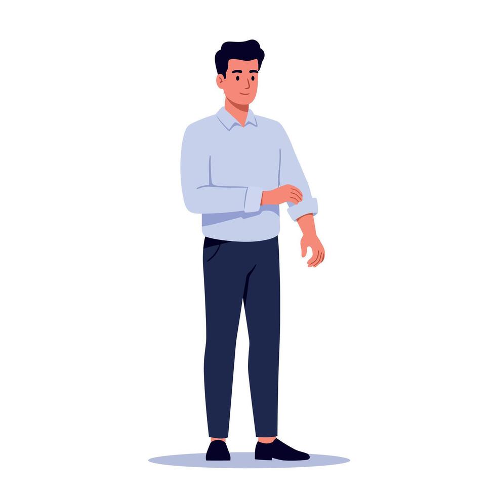 Young man in casual shirt rolling up sleeves standing confidently flat minimal illustration vector