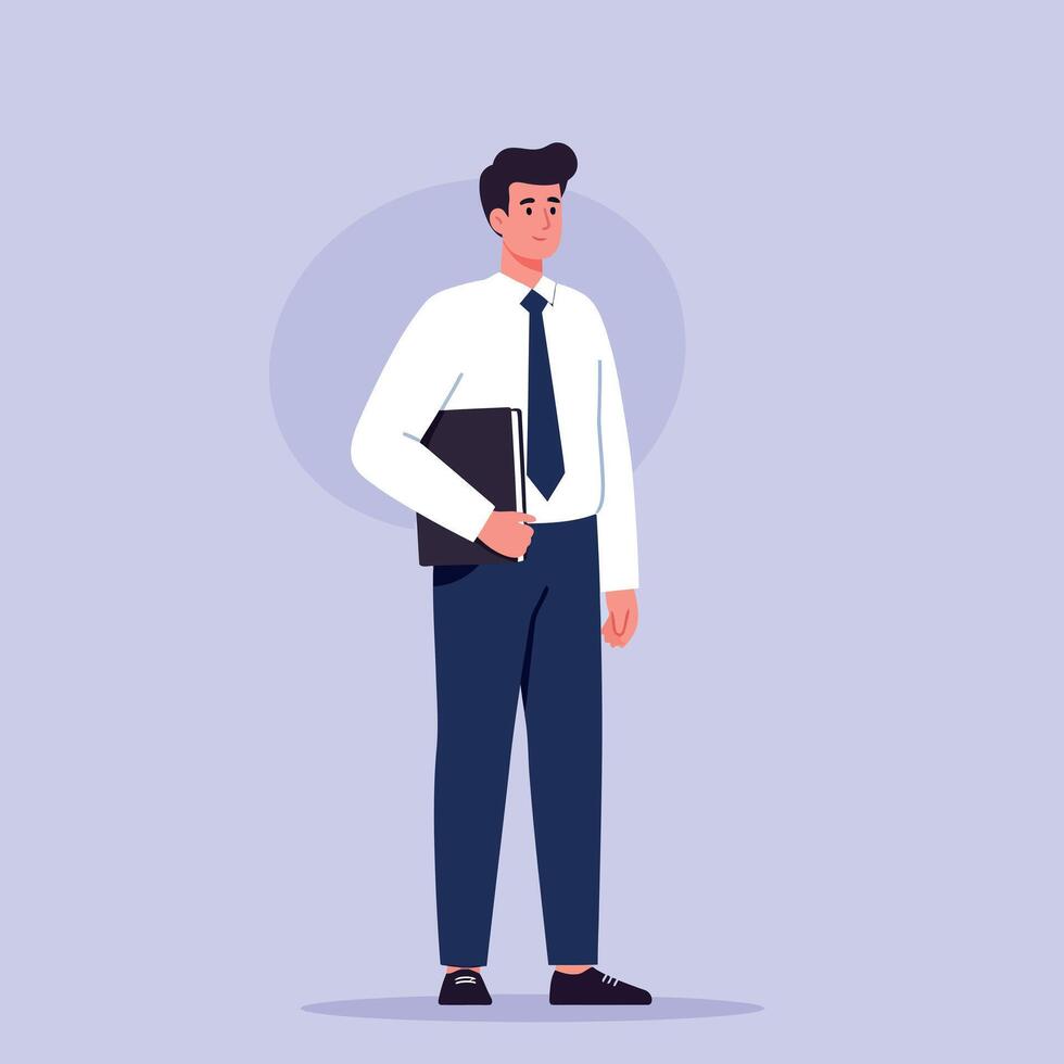 Young professional man in formal attire holding folder standing confidently minimal flat illustration vector