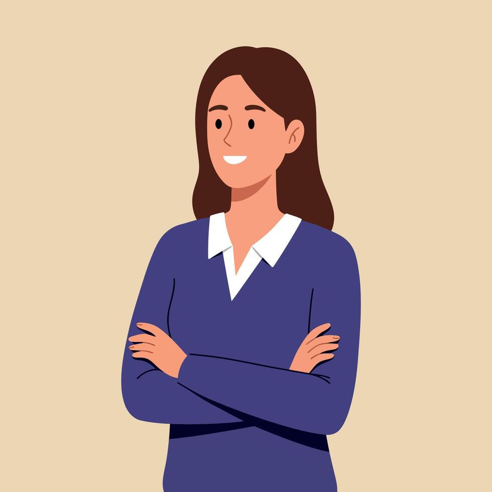 Confident young woman with crossed arms wearing blue sweater and white collar in minimal flat style illustration vector