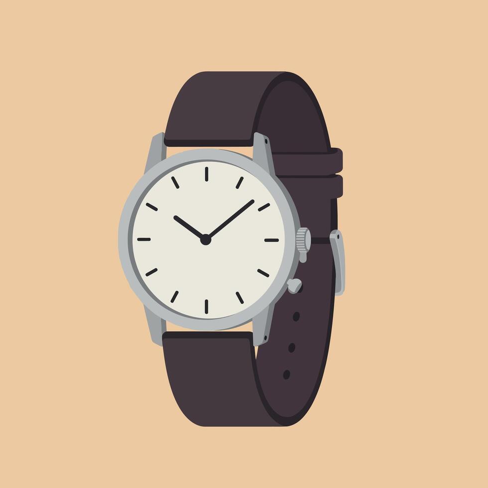 Wristwatch with brown leather strap and silver case minimal flat design showing time on white dial art vector