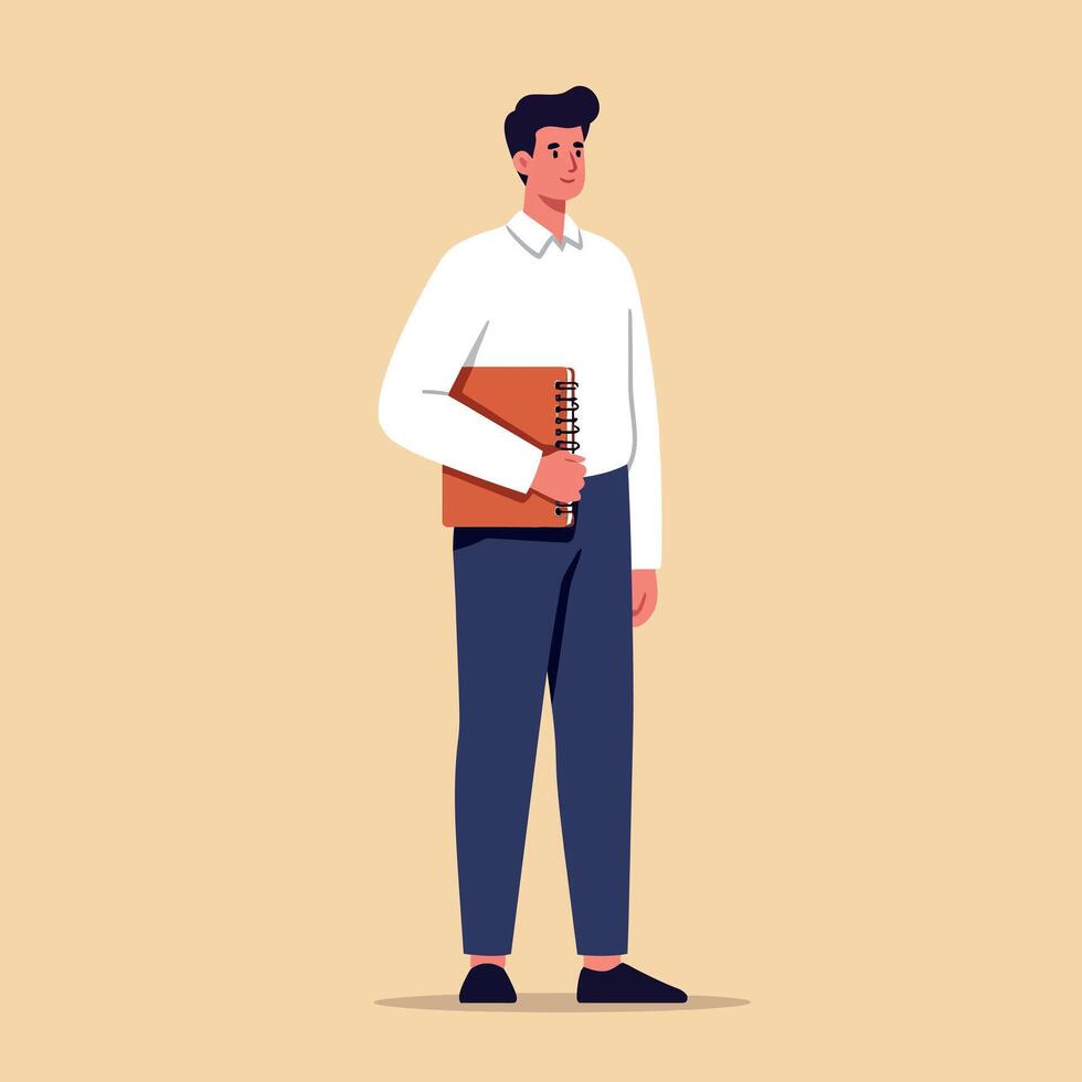 Young man standing confidently holding a notebook in casual clothing flat design illustration vector