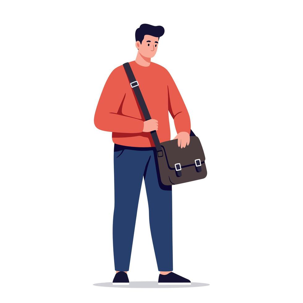 Young man standing with shoulder bag wearing casual red sweater and blue pants flat minimal art vector