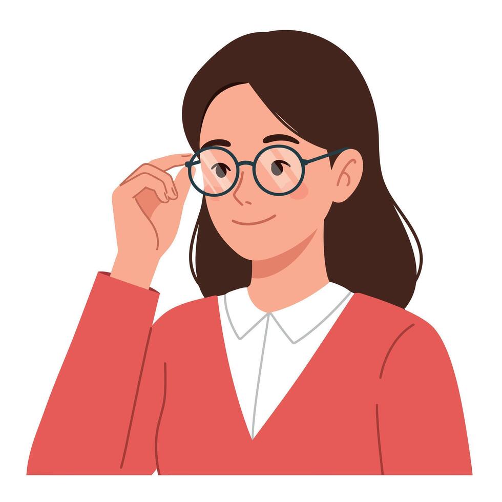 Young woman adjusting round glasses with brown hair wearing red sweater and white shirt flat style illustration vector