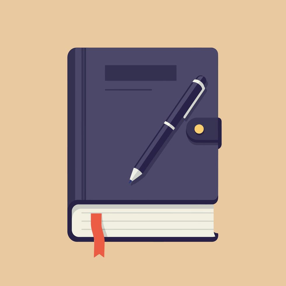 Closed dark blue notebook with red bookmark and black pen resting on top flat minimal illustration vector