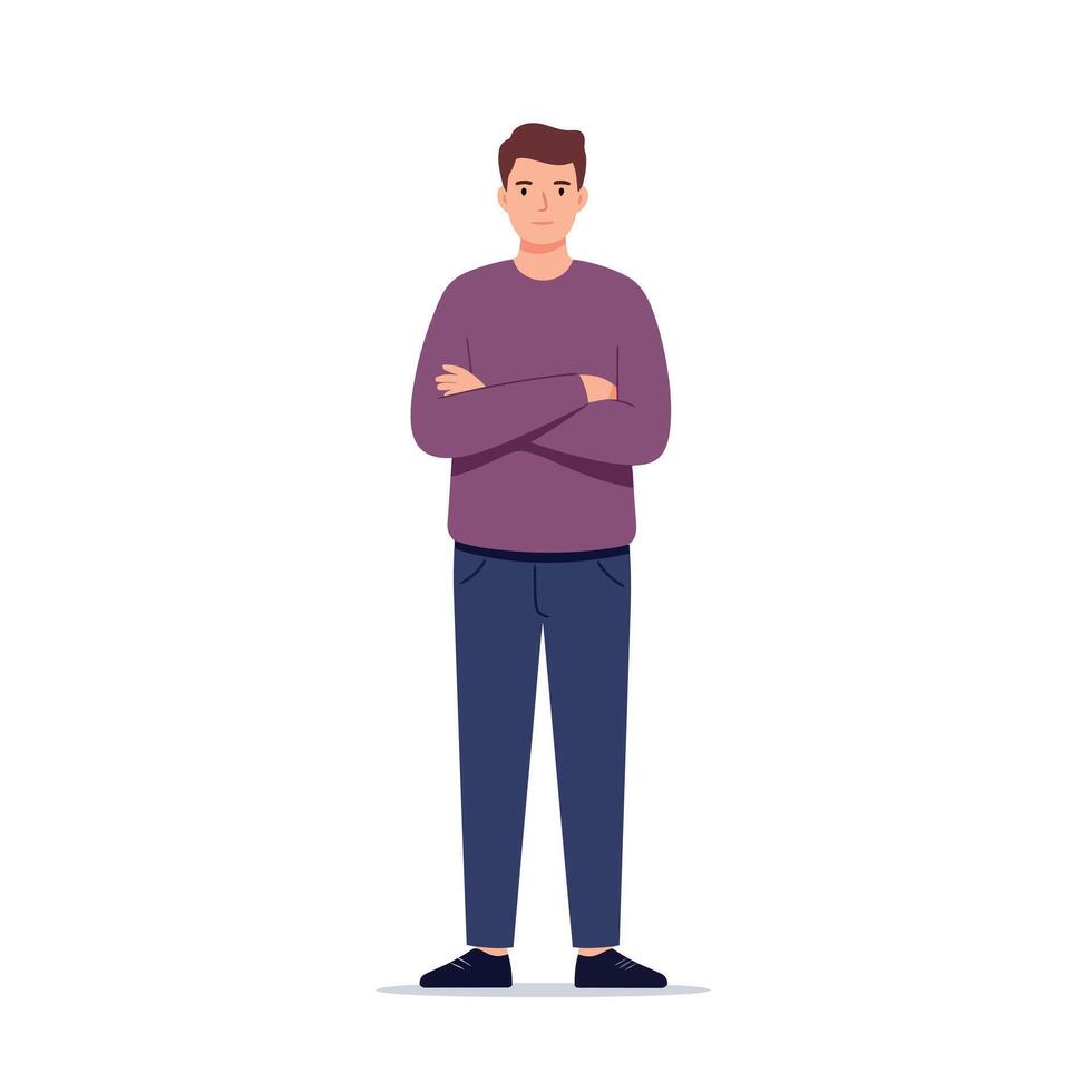 Young man standing with crossed arms wearing casual sweater and pants in simple minimal style illustration vector