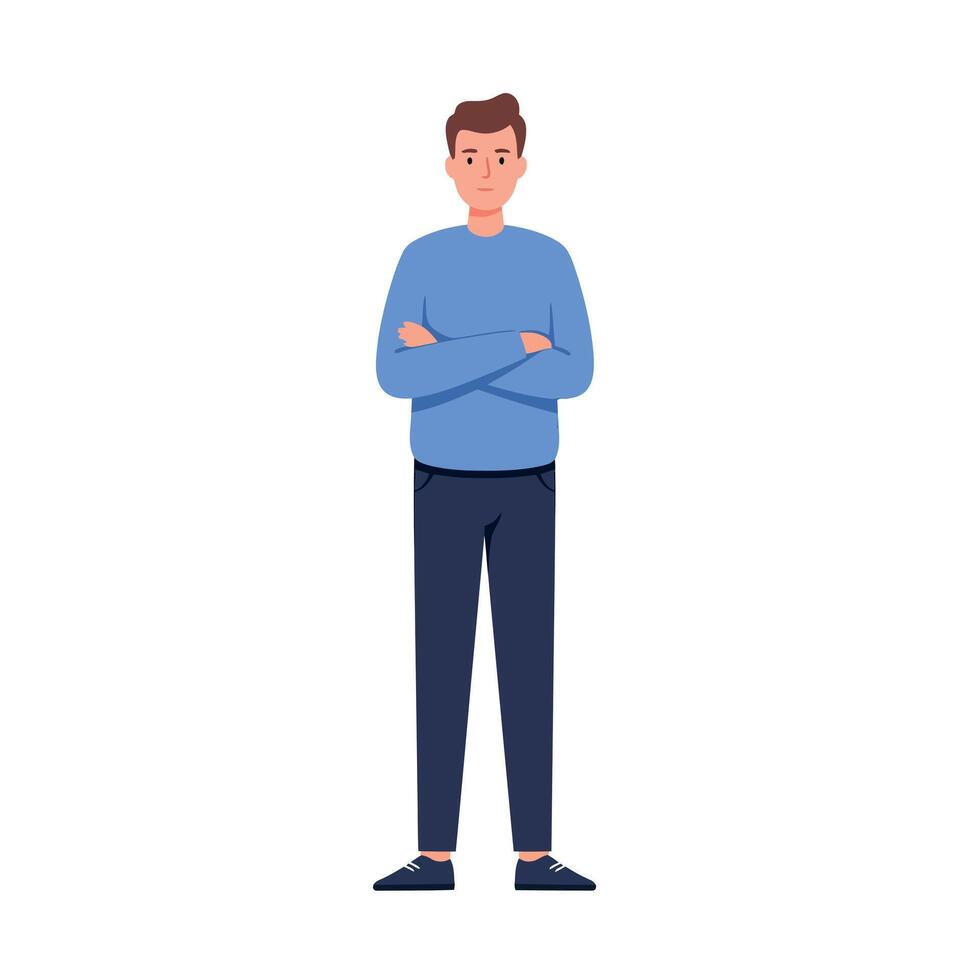 Young man standing confidently with crossed arms wearing blue sweater and dark pants minimal flat illustration vector