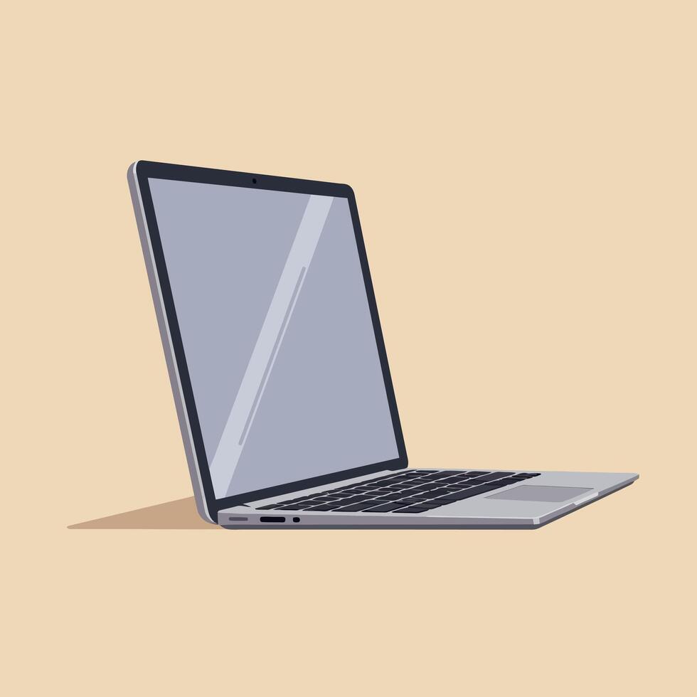 Modern silver laptop with open screen and black keyboard in flat minimal design on beige background illustration vector