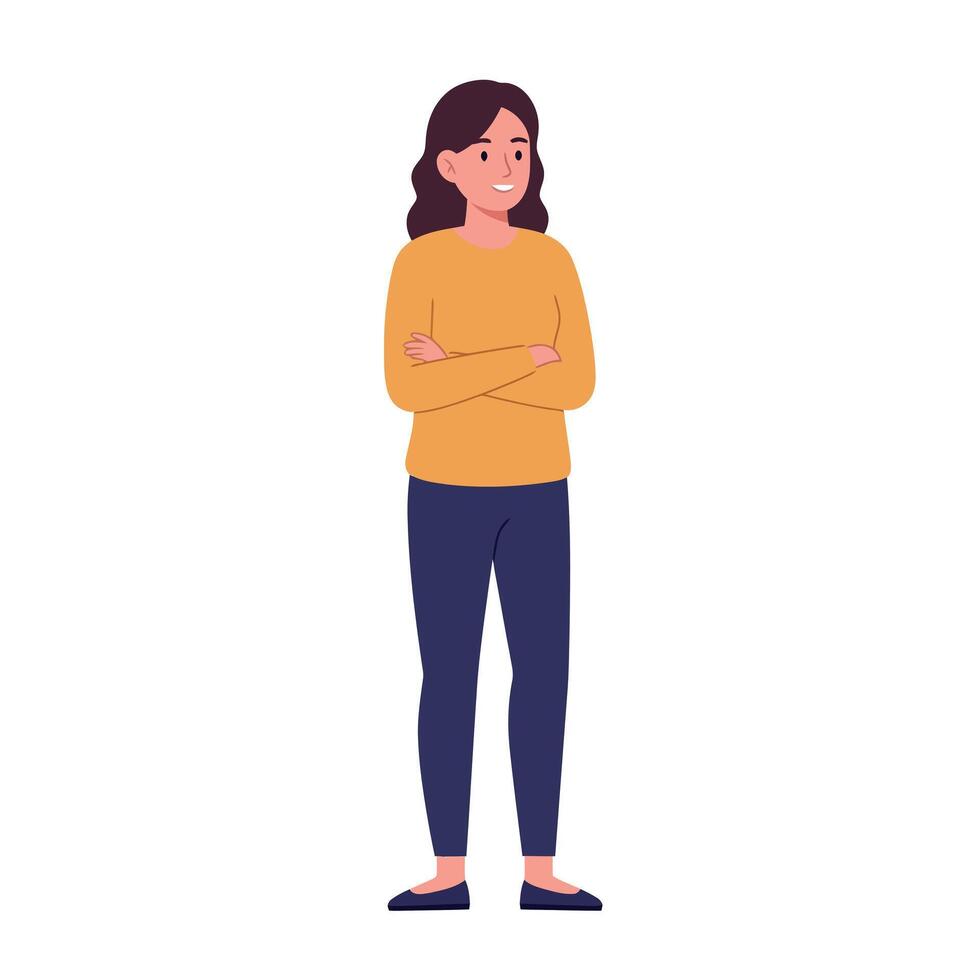 Young woman standing with crossed arms wearing casual yellow sweater and navy pants flat design illustration vector