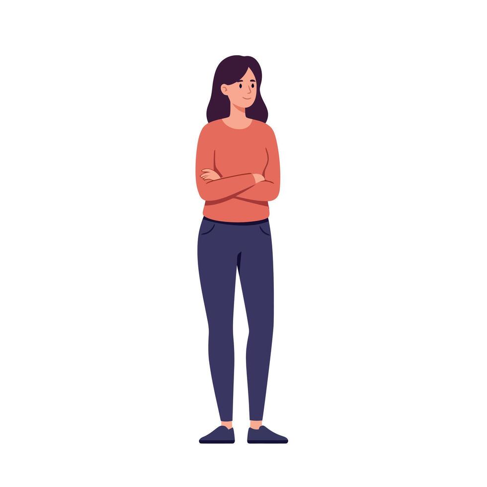 Young woman standing with crossed arms wearing casual clothes in minimal flat design illustration vector