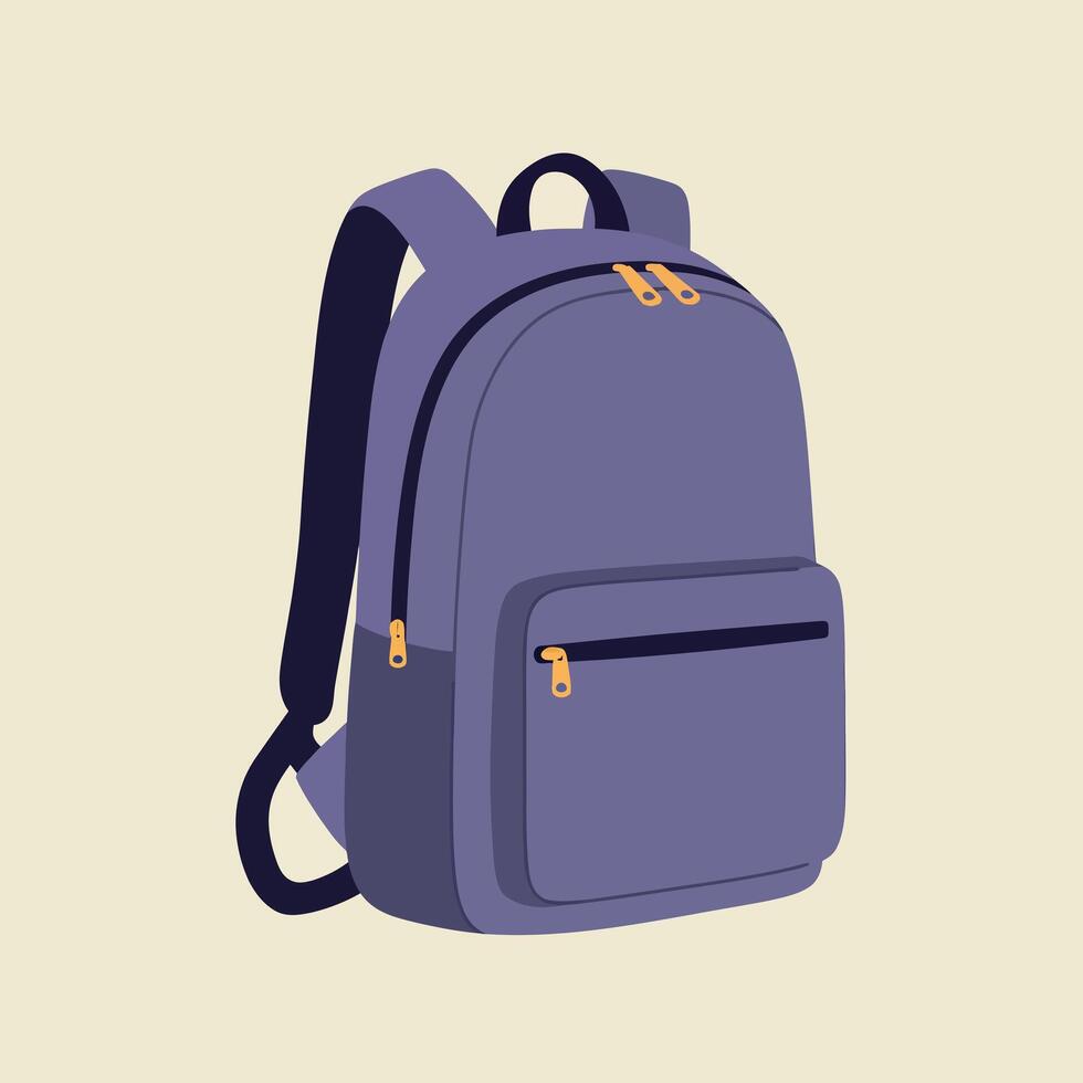Simple purple backpack with front pocket and black straps in flat minimal design style illustration vector