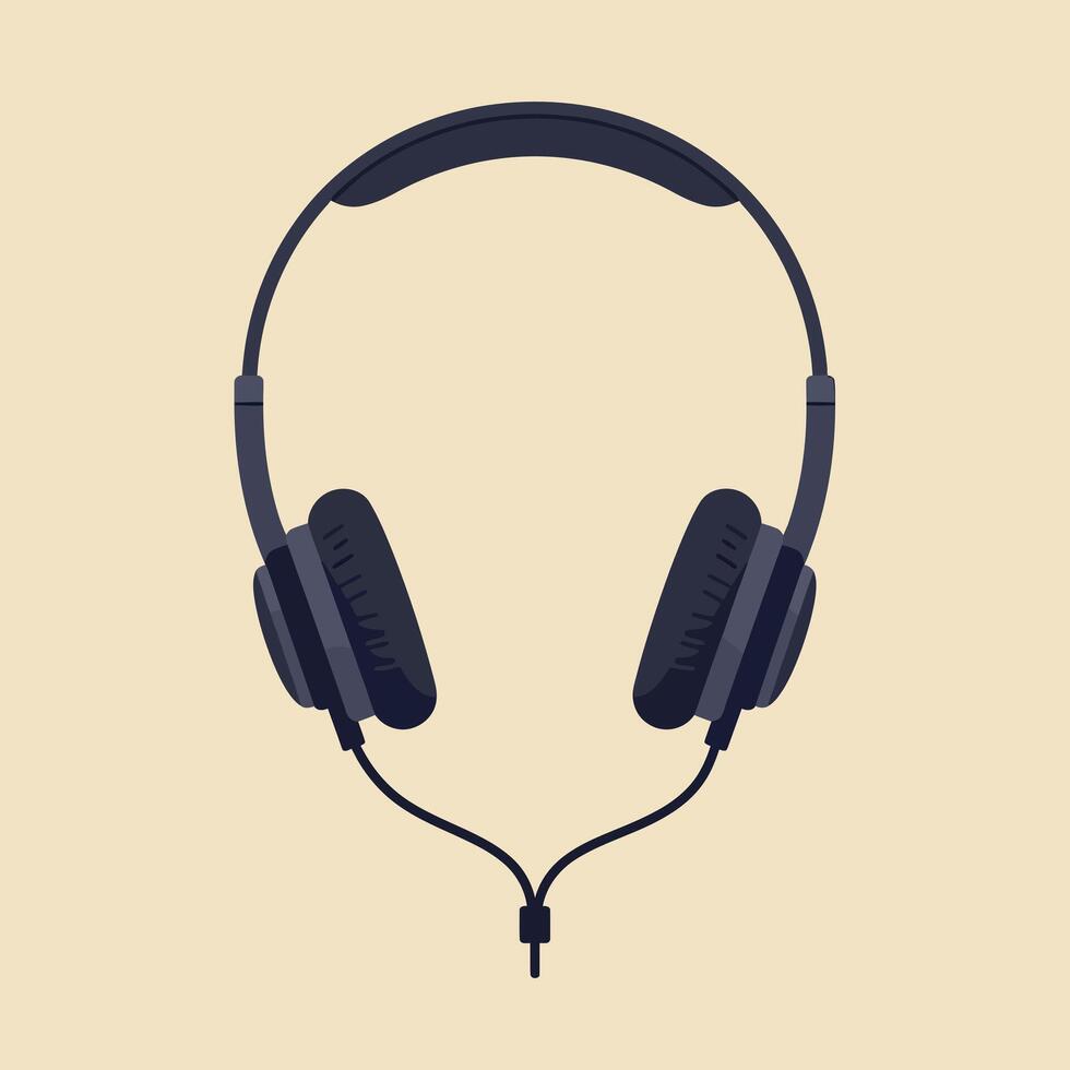 Black over-ear headphones with cushioned ear pads and adjustable headband in flat minimal style illustration vector