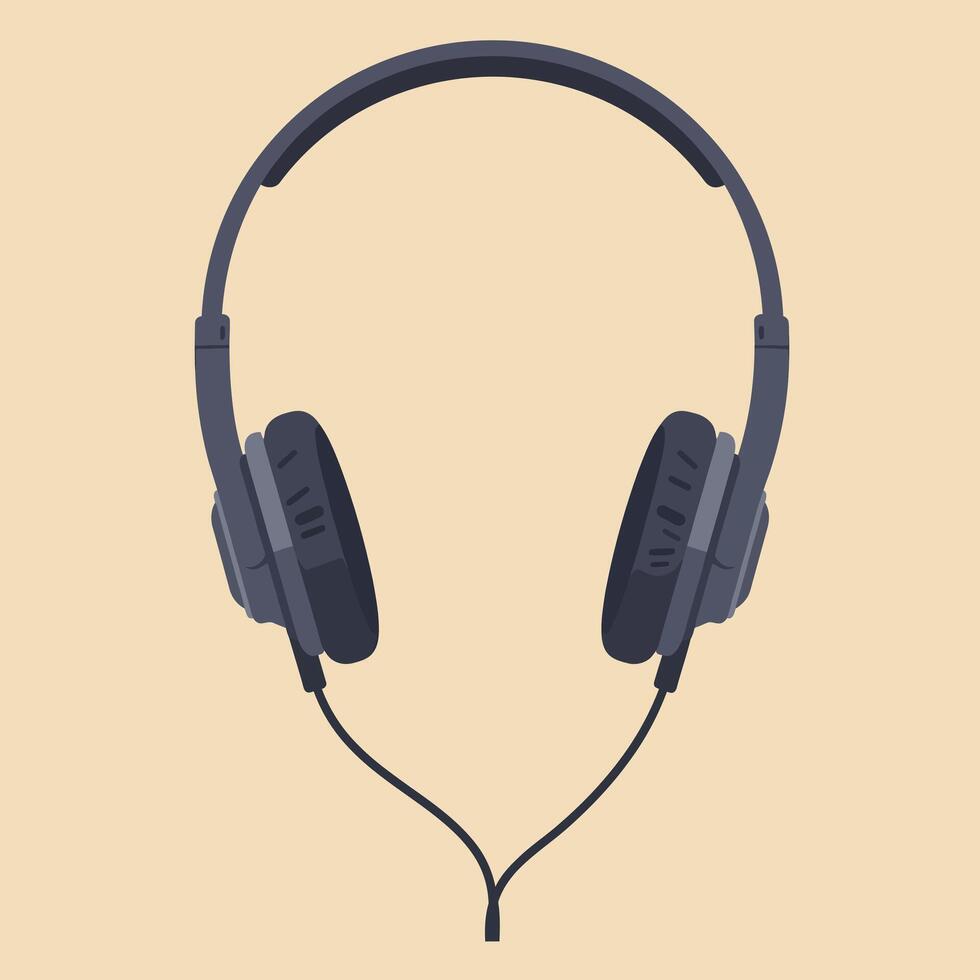 Black over-ear headphones with cord in flat minimal design style on beige background illustration vector