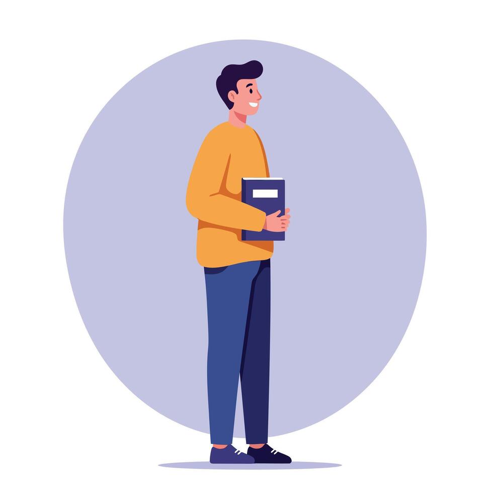 Young man standing holding book with casual clothing and smiling expression in flat style illustration vector