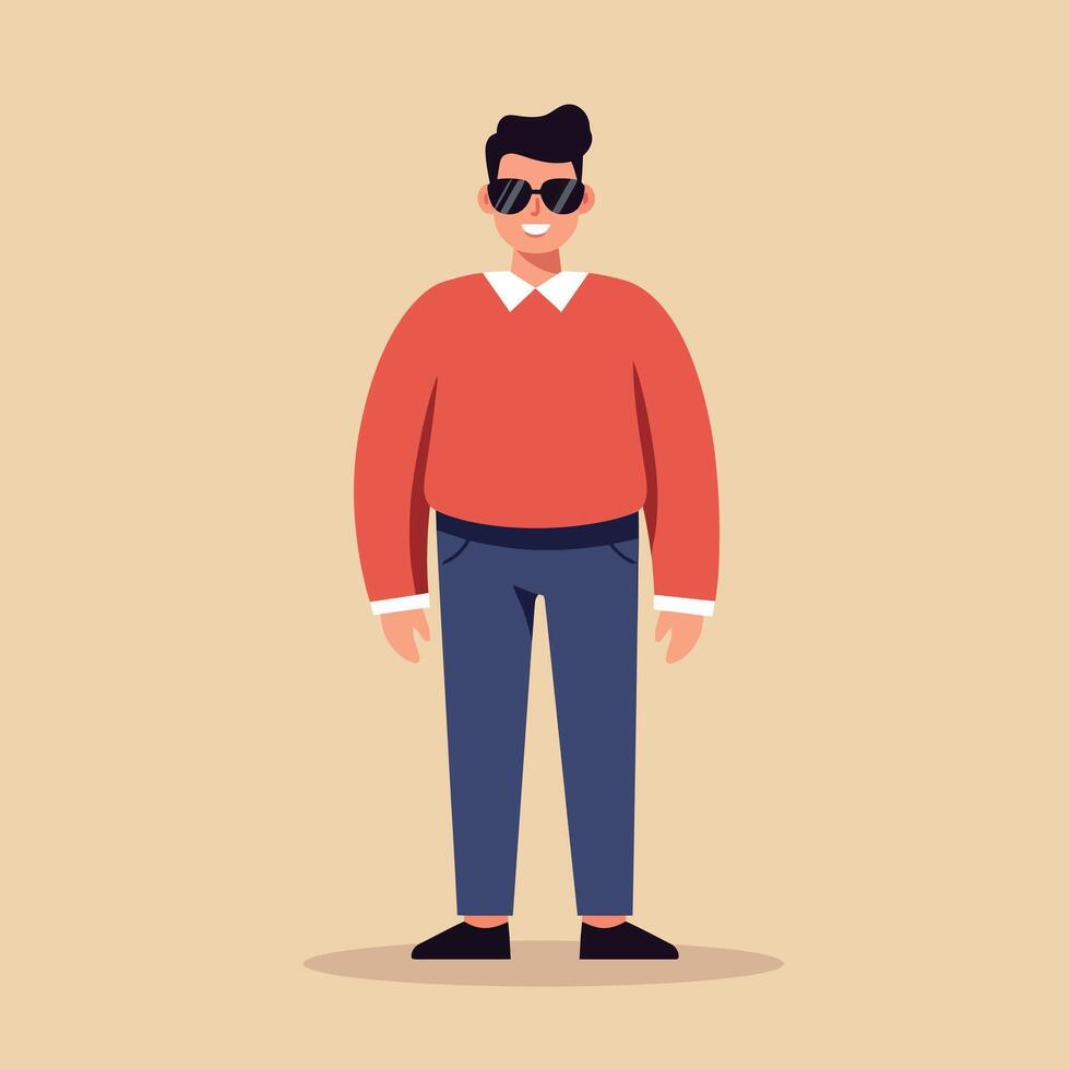 Young man wearing sunglasses and casual clothing standing confidently in flat minimal style illustration vector