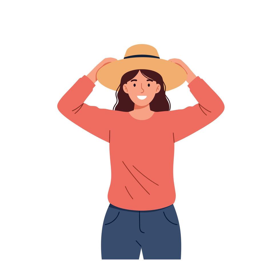 Smiling woman wearing wide brim hat casual clothing cheerful expression flat style illustration vector