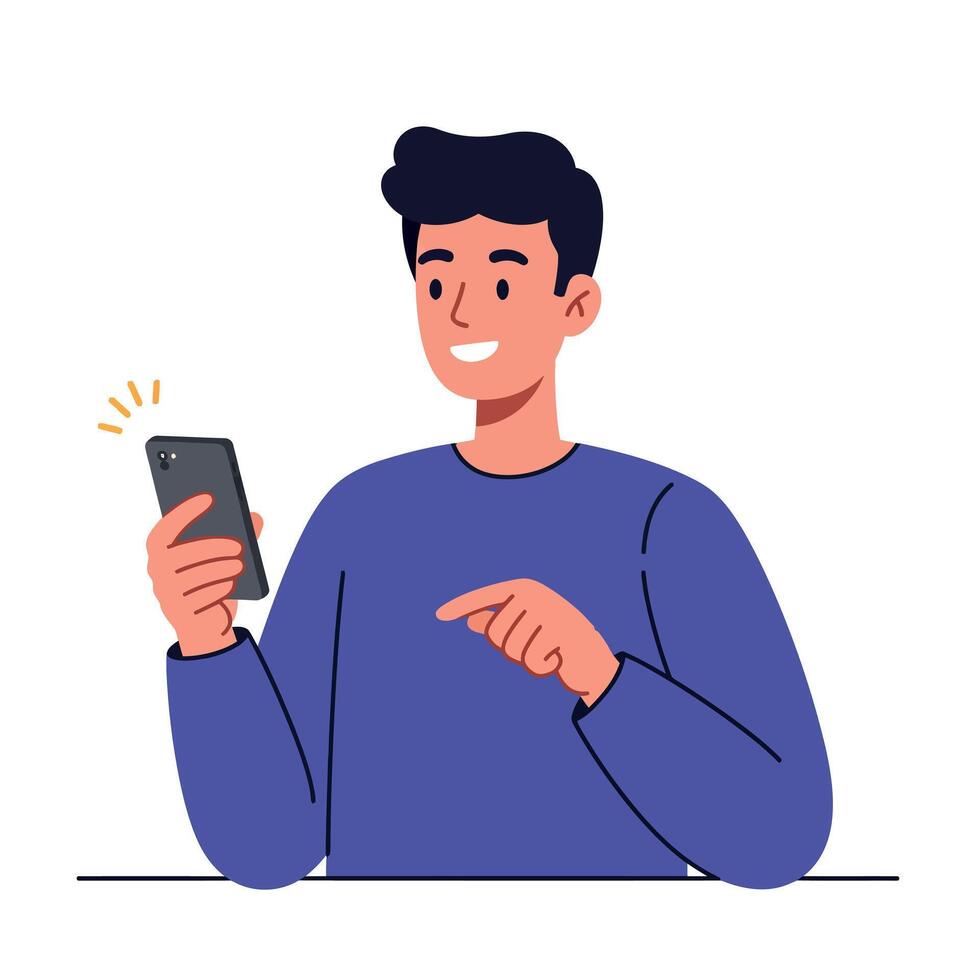 Young man with dark hair wearing purple sweater smiling while using smartphone flat style illustration vector