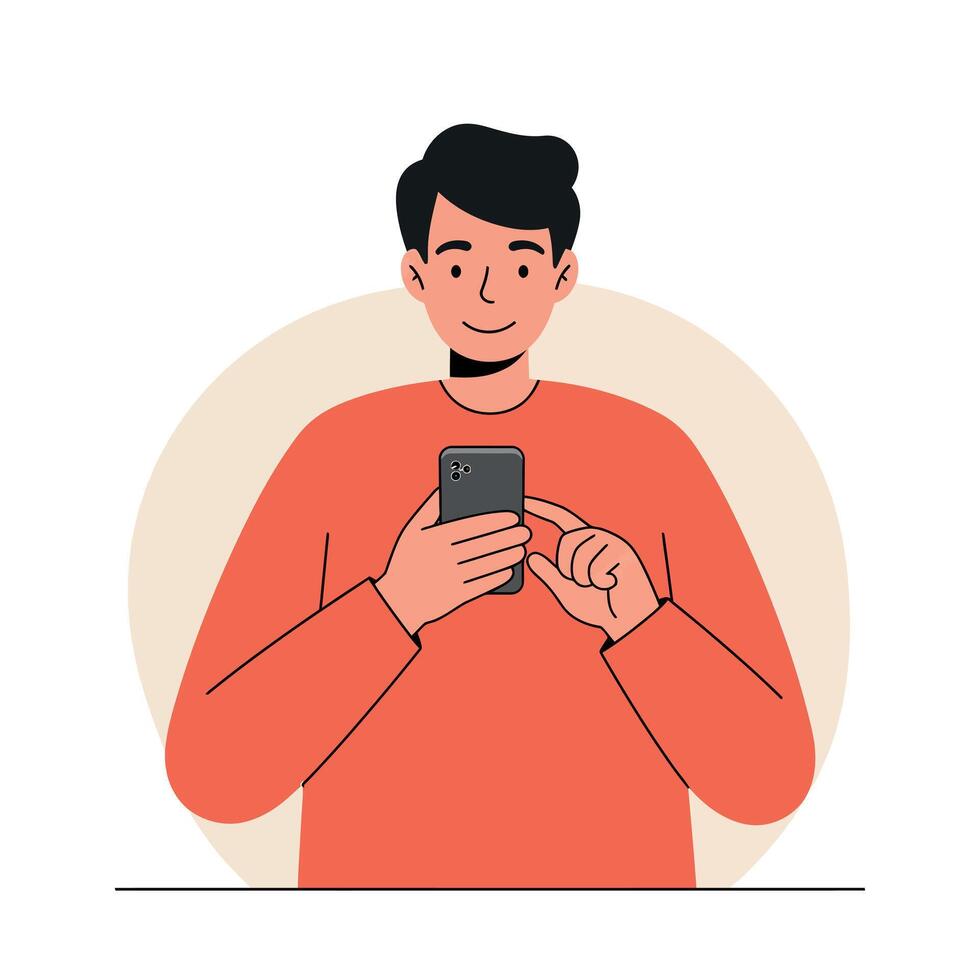 Young man with black hair wearing red sweater using smartphone with focused expression in minimal flat style illustration vector