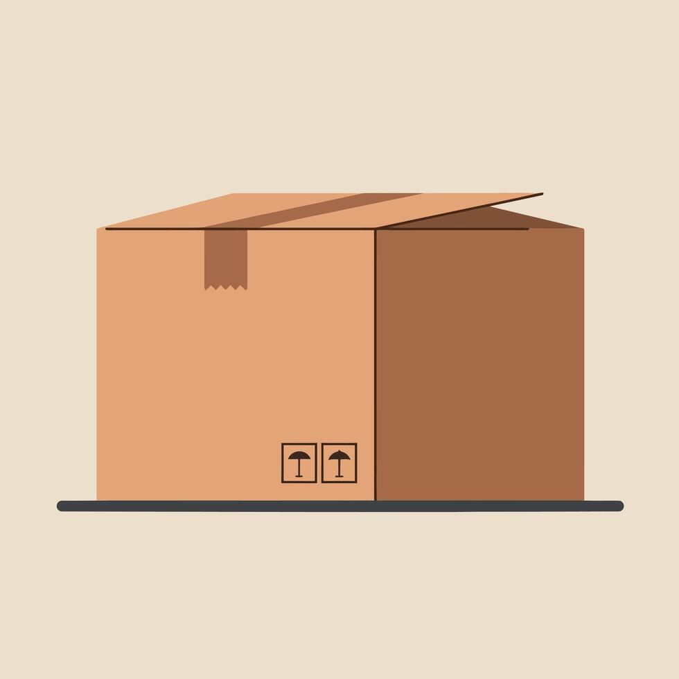 Open cardboard box with fragile symbols in flat minimal style simple packaging container art vector
