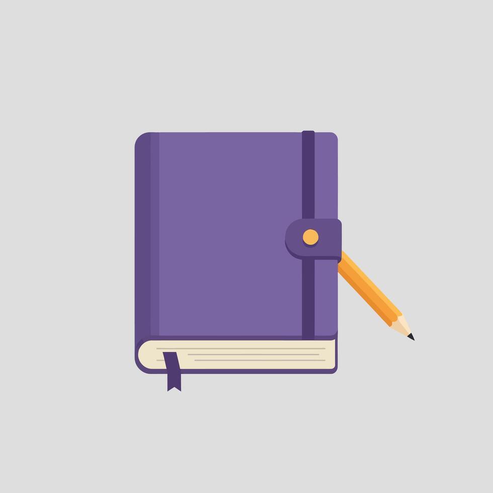 Purple closed notebook with yellow pencil attached in flat minimal design style illustration vector