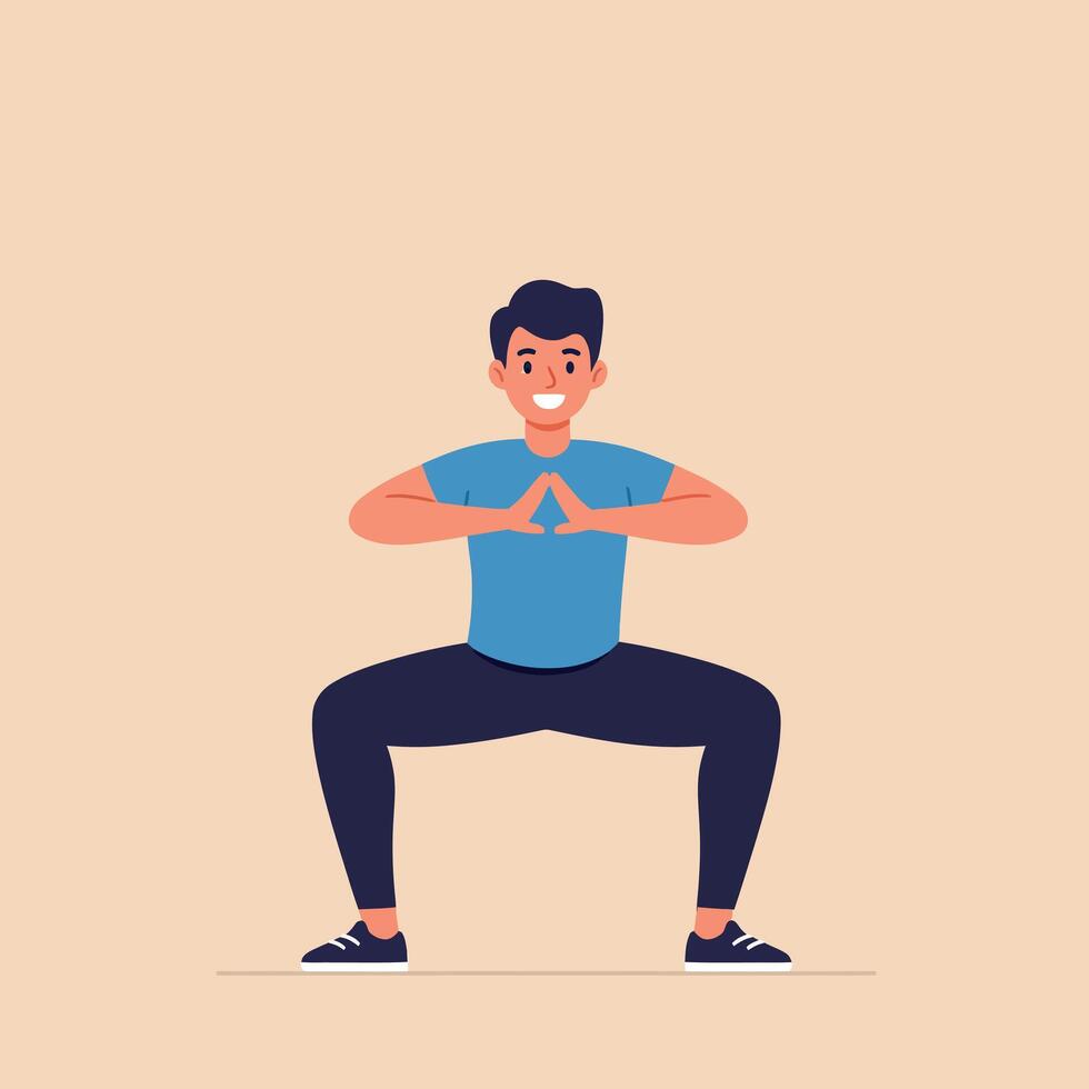 Young man exercising in blue shirt and black pants doing squat pose with focused expression flat style illustration vector