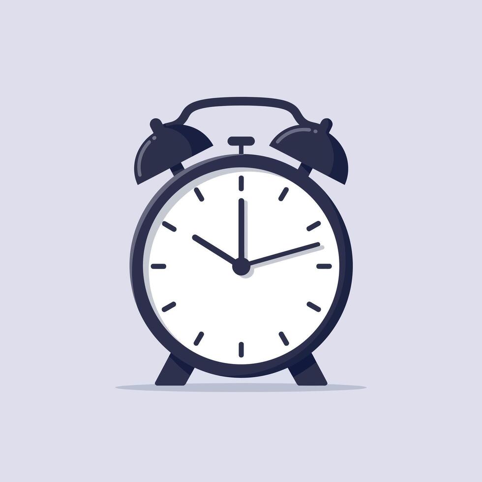 Classic analog alarm clock with twin bells in minimal flat design showing time with calm tone illustration vector
