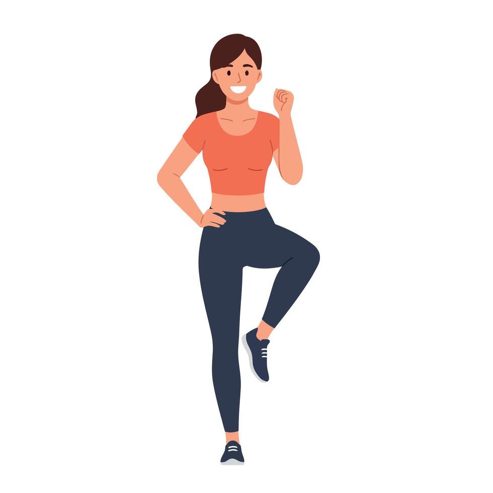 Young woman exercising in activewear with ponytail lifting knee in energetic pose flat style illustration vector