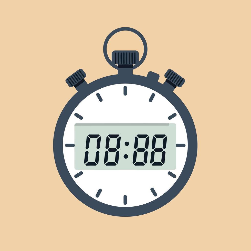 Digital stopwatch with round case and buttons flat design showing zero time art vector