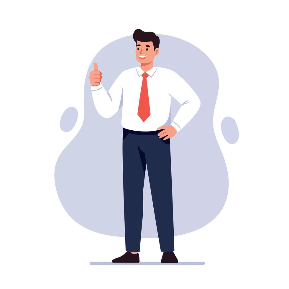 Confident businessman in formal attire showing thumbs up with smile flat design illustration vector