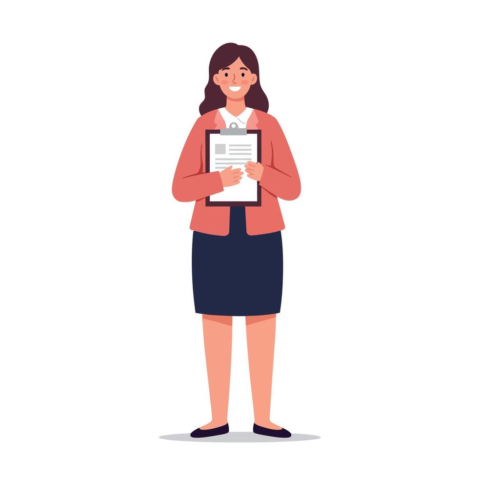 Young professional woman holding clipboard with documents smiling in minimal flat style illustration vector