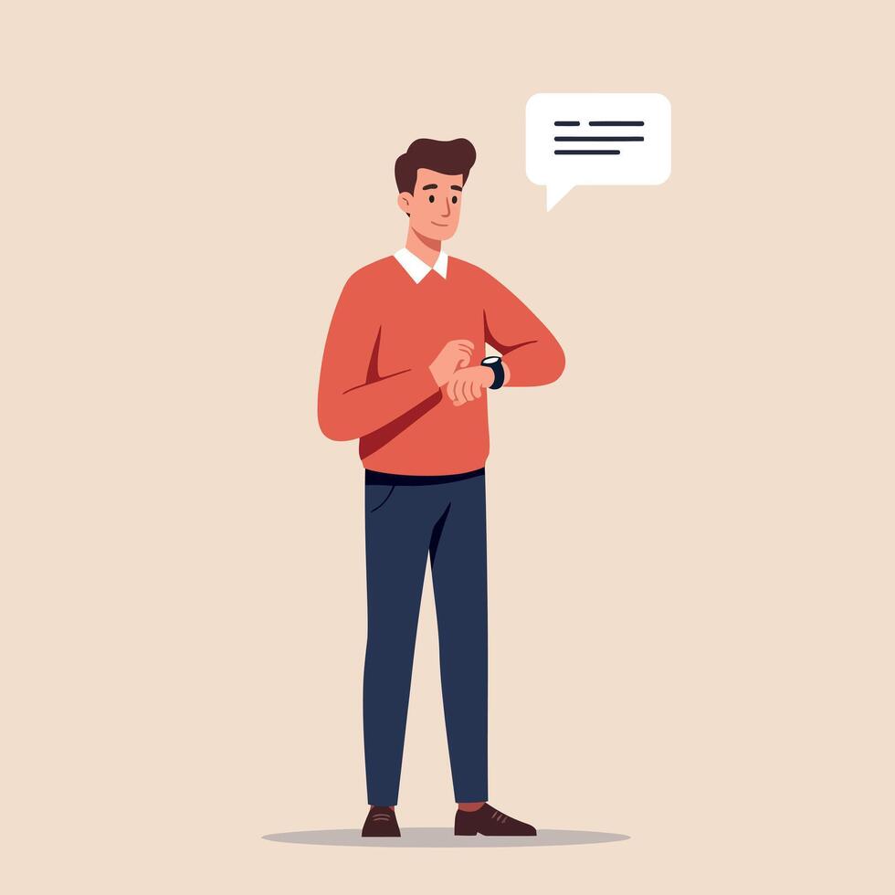 Young man checking smartwatch with speech bubble in flat minimal style digital illustration vector